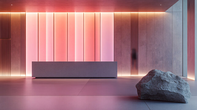 architectural photography, perspective, interior space, vertical light panels transition from pink to acid green hues, creating an ethereal gradient effect, modernism, expert, with a minimalist recept