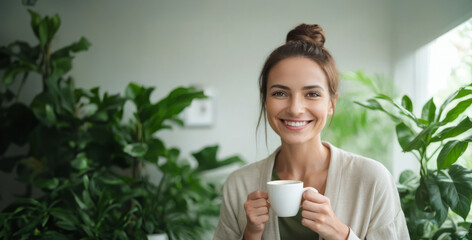 smiling woman drinking cup of coffee in room with many plants beside the window with sunlight