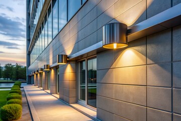 Obraz premium Modern outdoor wall-mounted downlight lamp with sleek design and minimalistic aesthetic, illuminating office building's facade with warm and inviting ambiance at dusk.