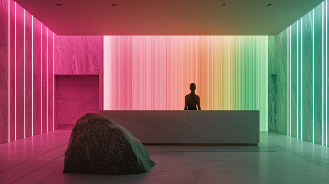 architectural photography, perspective, interior space, vertical light panels transition from pink to acid green hues, creating an ethereal gradient effect, modernism, expert, with a minimalist recept
