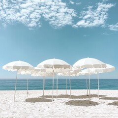 Fototapeta premium white beach umbrellas under clear blue sky