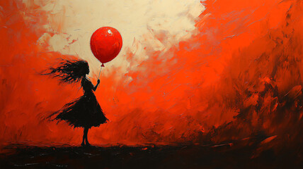 a painting of a girl holding a red balloon, in the style of dynamic energy flow, beautifully textured brushstrokes, i can't believe how beautiful this is, dark orange and white, graceful balance, grac
