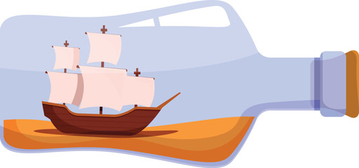 Old wooden ship with sails sailing inside a glass bottle on the sand, miniature sailboat for decoration