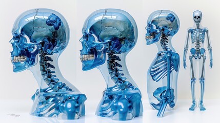 Detailed representation of human skeletal system and cranium with blue highlights, showcasing intricate bone structure and anatomy