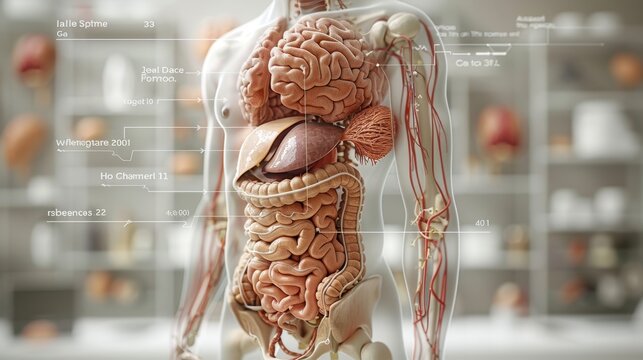 An anatomical model of human internal organs and nervous system in a lab, highlighting educational and medical insights.