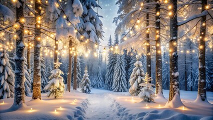 Obraz premium Winter Wonderland: A Snowy Forest Adorned with Christmas Lights AI generated