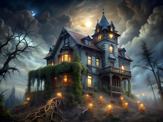 Obraz premium Halloween Haunted House: Spooky Dilapidated Mansion for a Haunting Scene
