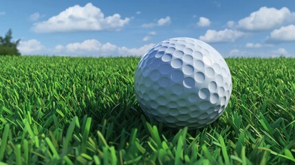 A realistic 3D golf ball resting on vibrant green grass under a clear blue sky with subtle clouds. 3D illustration.