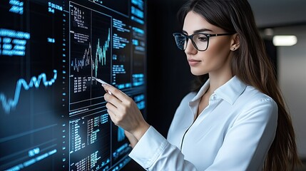 A focused business professional examines analytics on a digital interface, demonstrating expertise in data interpretation during a late evening in a contemporary workplace