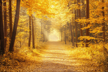 A serene forest path covered in golden autumn leaves.