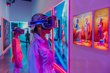 A futuristic art gallery with digital paintings and interactive holographic sculptures, visitors exploring through augmented reality glasses, in a vibrant, innovative, and immersive setting