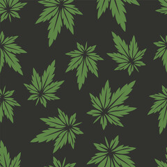 Vector Seamless Pattern with Flat Cannabis Leaves. Hemp, Cannabis Green Leaf on Black Background. Seamless Print with Medical Marijuana. Vector Illustration
