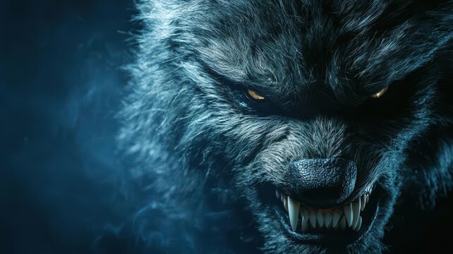Werewolf mask with fur and sharp teeth, Halloween costume, beastly props