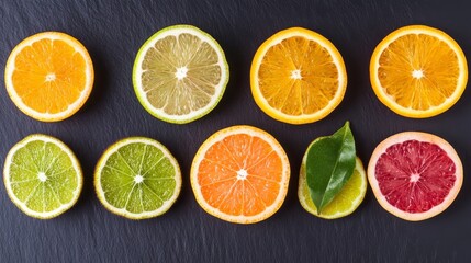 Obraz premium Ugli fruit cut into various creative shapes, displayed artistically on a dark slate background for dramatic contrast