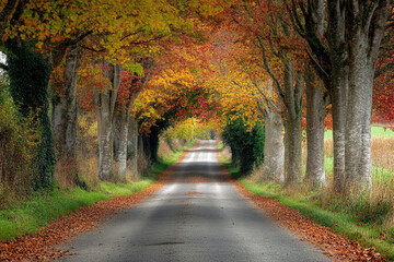 A charming countryside road flanked by autumnal trees.