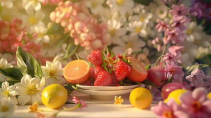 Strawberries, Lemons, and Oranges with Delicate Flowers