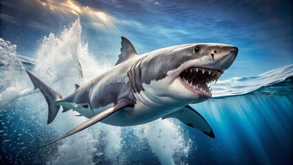 Naklejka premium Fierce white shark with powerful jaws wide open, revealing razor-sharp teeth, swoops in for the attack, its grey body gliding smoothly through the blue ocean depths.