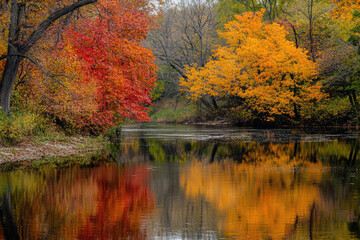 Fototapeta premium A peaceful riverbank adorned with autumn foliage.