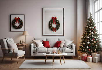 blank mockup frame in the living room with romantic decoration christmas, sofa white, red pillows,  tree christmas in room, space written blank