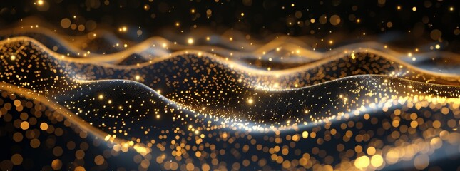 dark background with golden glowing dots forming an abstract wave pattern