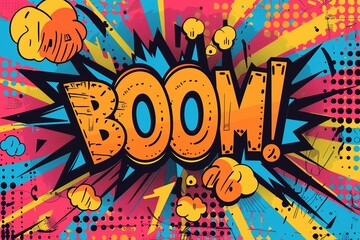 Fototapeta premium Retro Pop Art Explosion: A vibrant, retro-style pop art background featuring a dramatic 