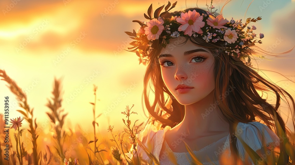 Wall mural Evening Bliss: A girl adorned with a floral crown made of wildflowers