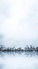 Frost-laden pine fronds encircle a soft, blue backdrop, enhancing the serene beauty of a winter morning filled with delicate ice patterns