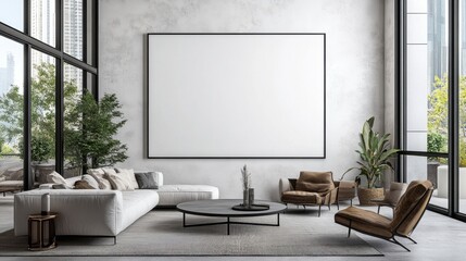 A contemporary living room with an empty white wall, ready for customization, featuring stylish furniture and decor.