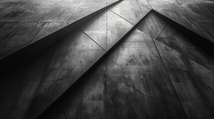 A striking abstract architecture background featuring intersecting black concrete panels with geometric patterns and dramatic lighting.