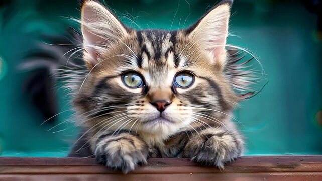 Inquisitive kitten peering edge with big eyes