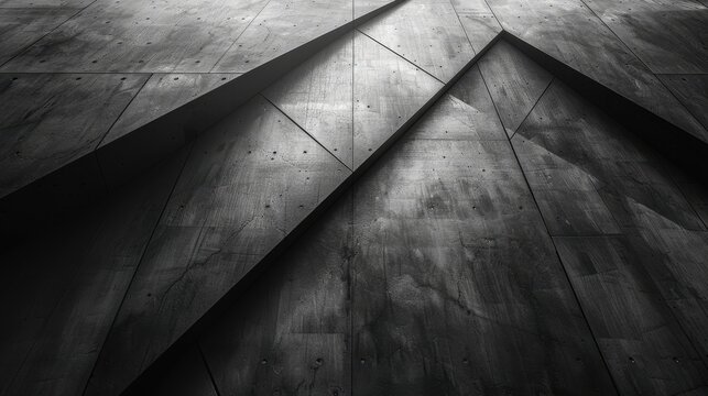 A striking abstract architecture background featuring intersecting black concrete panels with geometric patterns and dramatic lighting.