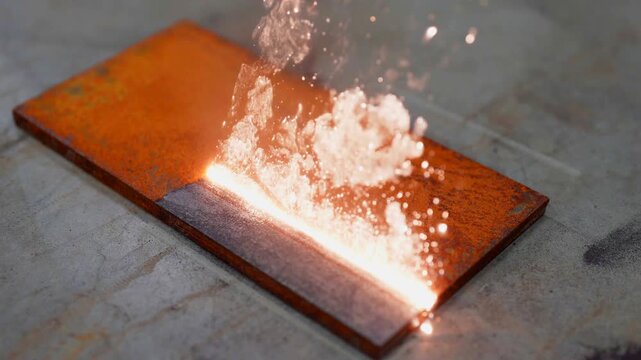 The laser installation removes rust from the metal part, creating sparks, the process is safe for the environment and leaves the metal clean and ready for use.