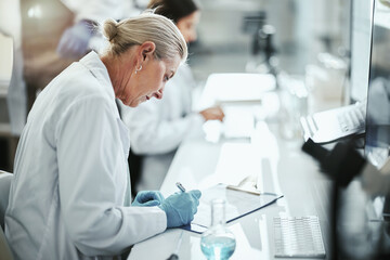 Clipboard, woman and scientist writing in laboratory for medical research on cancer drug trial....