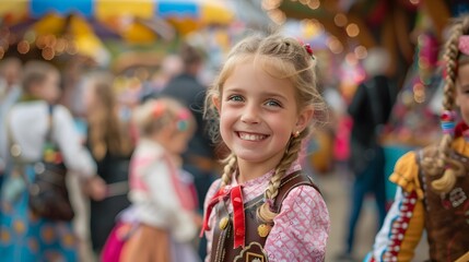 Fototapeta premium Children in lederhosen enjoying a carousel ride at Oktoberfest