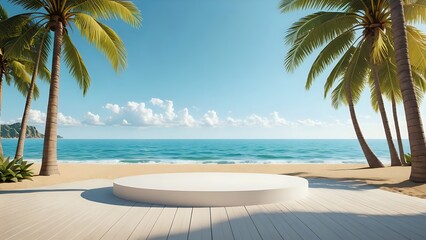 Tropical beach scene with a white podium in front of a blue ocean.