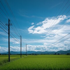 Power Towers in Vast Grassland against Blue Sky