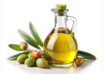 Olive oil set. Glass bottle of olive oil with olives. A drop of olive oil close-up. Isolated on a transparent background. KI.