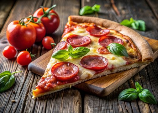 Freshly baked hot New York-style Italian pizza slice loaded with salami, melted mozzarella, and ripe tomatoes on a crunchy crust, served on a rustic wooden table.