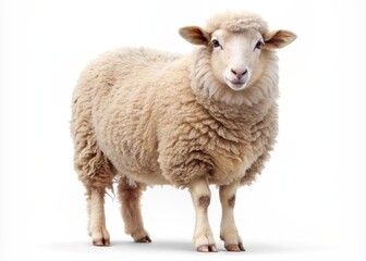 Fototapeta premium Adorable fluffy sheep stands alone on a pure white background, showcasing its soft wool, gentle expression, and delicate features in high-resolution detail.