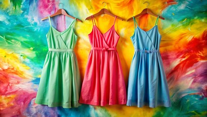 Fototapeta premium Vibrant summer scene featuring three empty bright colored dresses against a playful, multi-hued backdrop, evoking joy and warmth, perfect for illustrations or designs.