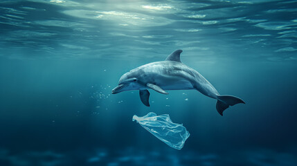 Naklejka premium A dolphin swimming with a polythene bag in a polluted ocean. Sea microplastic pollution, environmental problems, global environmental changes. 