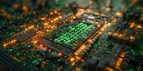 Obraz premium Circuit Board with glowing digital code