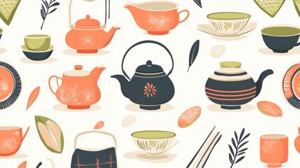 Flat vector art depicting traditional Japanese tea ceremonies, with teapots, cups, and matcha bowls in a seamless pattern
