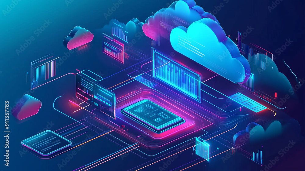 Leinwandbilder 3D isometric illustration of cloud computing with glowing elements and clouds, representing the connection of technology and data in an atmosphere of innovation and digital business. This futuristic b