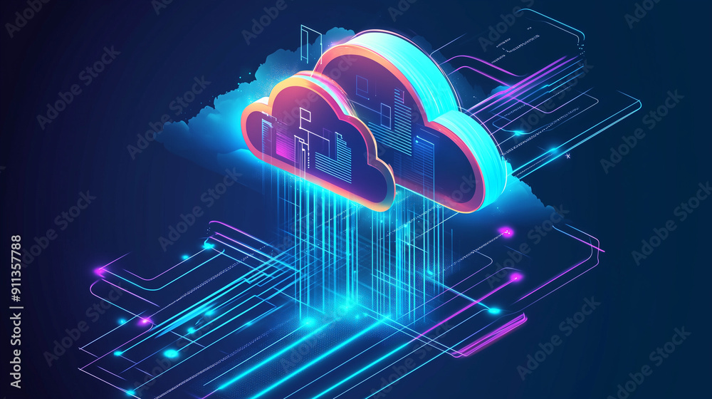 Fototapete 3D isometric illustration of cloud computing with glowing elements and clouds, representing the connection of technology and data in an atmosphere of innovation and digital business. This futuristic b