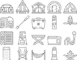 glamping tent nature luxury tipi icons set vector. forest africa, barbecue glamour, camp, campfire bubble, chair beach, vacation glamping tent nature luxury tipi black contour illustrations © sevector