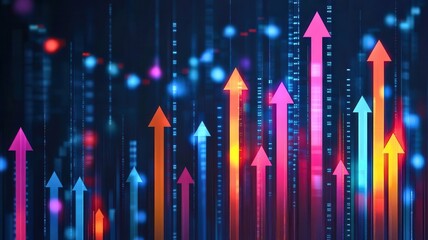 Fototapeta premium Dynamic arrows in vibrant colors represent growth, success, and positive trends against a dark backdrop of digital patterns.