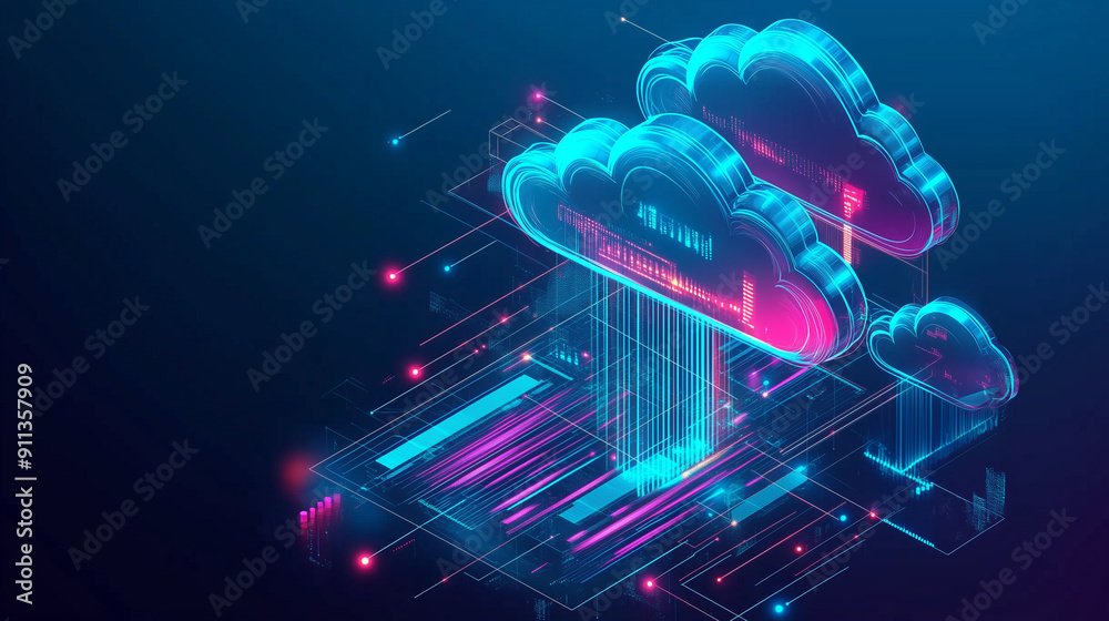 Leinwandbilder 3D isometric illustration of cloud computing with glowing elements and clouds, representing the connection of technology and data in an atmosphere of innovation and digital business. This futuristic b