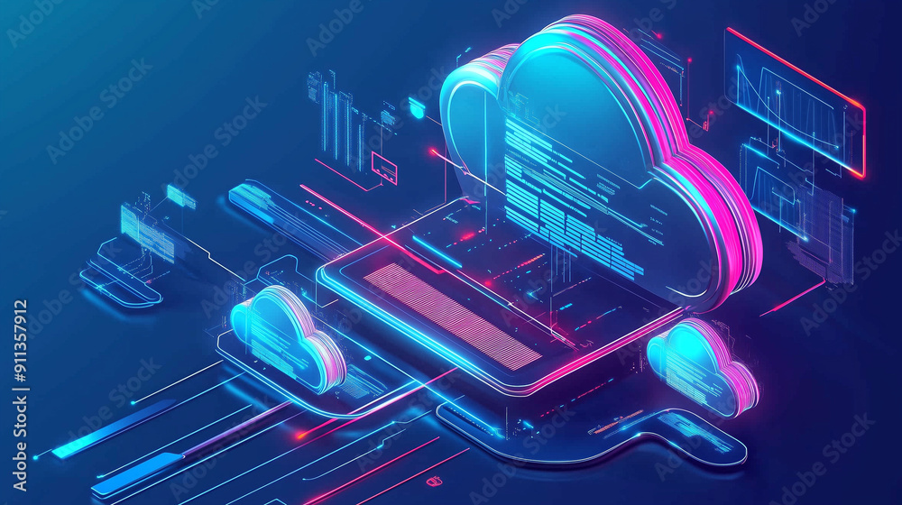Leinwandbilder 3D isometric illustration of cloud computing with glowing elements and clouds, representing the connection of technology and data in an atmosphere of innovation and digital business. This futuristic b