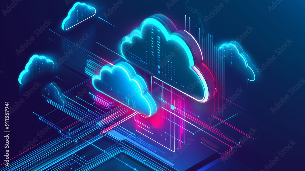 Leinwandbilder 3D isometric illustration of cloud computing with glowing elements and clouds, representing the connection of technology and data in an atmosphere of innovation and digital business. This futuristic b